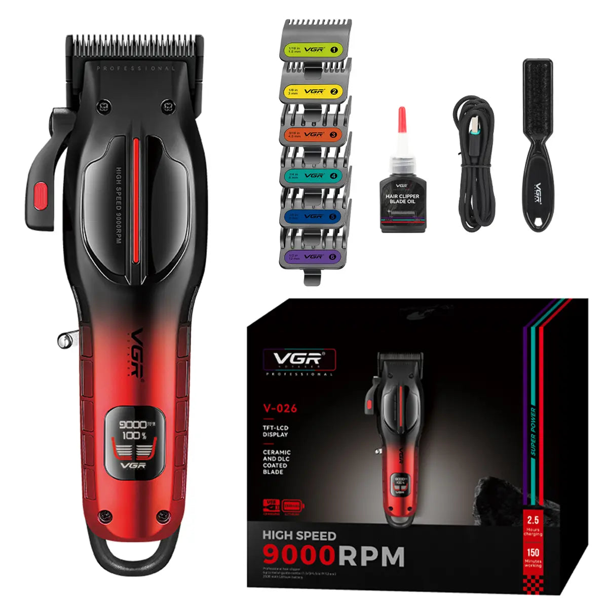 VGR V-026 Pro Hair Clipper – 9000 RPM, Ceramic & DLC Blade