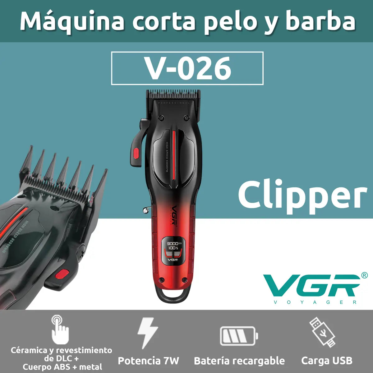 VGR V-026 Pro Hair Clipper – 9000 RPM, Ceramic & DLC Blade