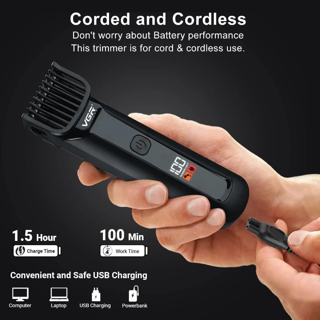 VGRV-929 Professional Rechargeable Hair Trimmer with LED Display (Black)