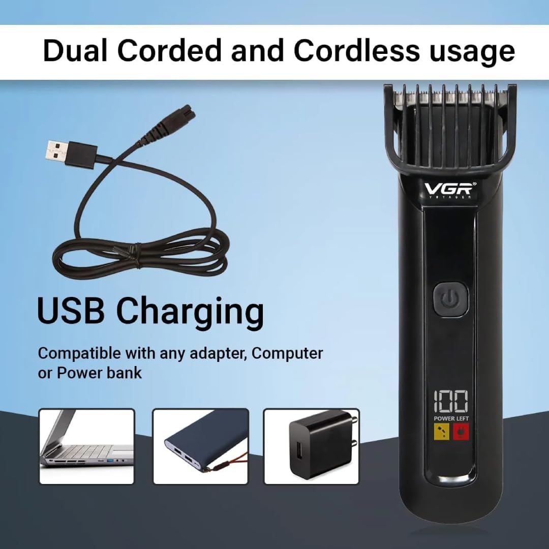 VGRV-929 Professional Rechargeable Hair Trimmer with LED Display (Black)