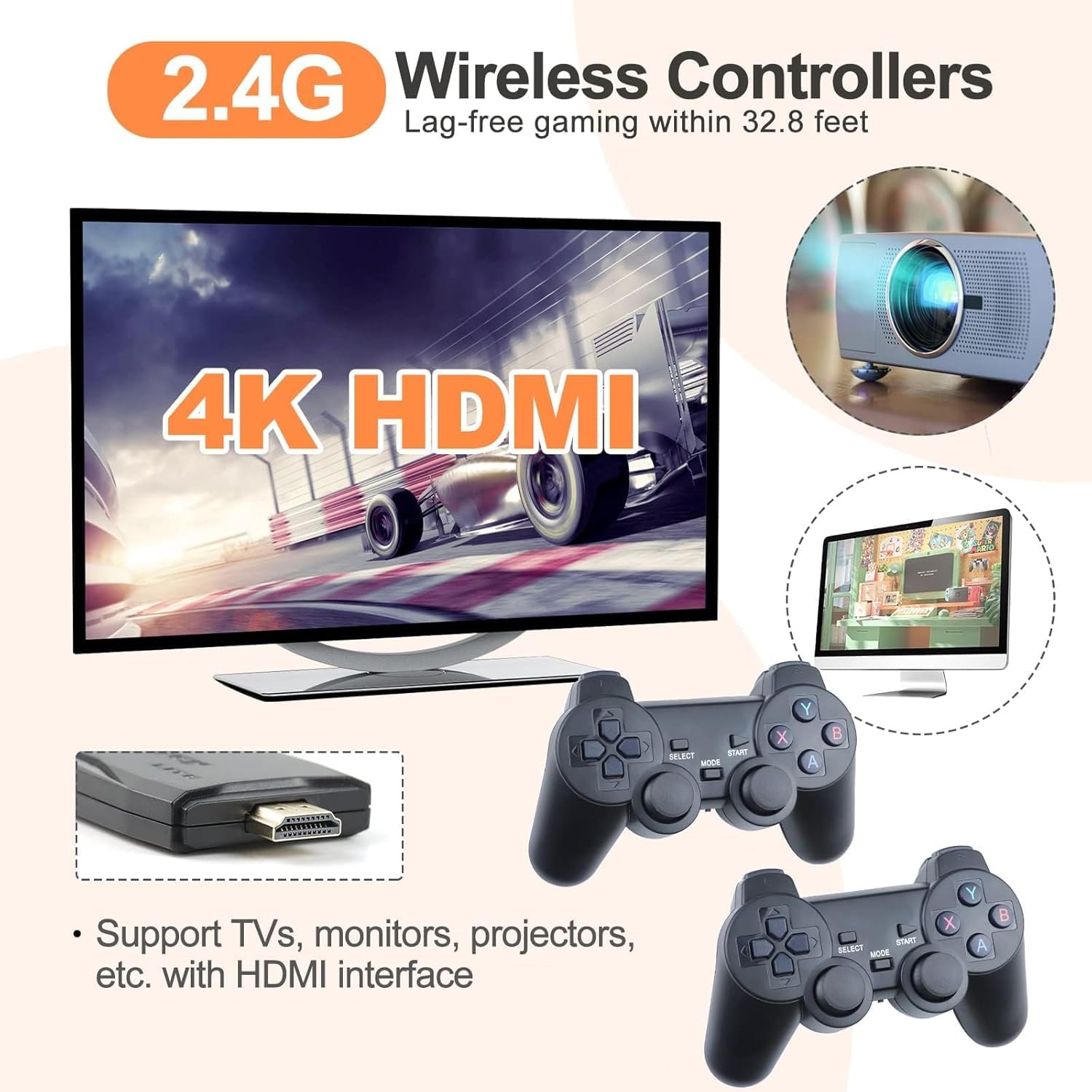 4K HD Retro Video Game Console with 64GB Game Stick, 2.4G Dual Wireless Controllers – Plug & Play, 10000+ Classic Games