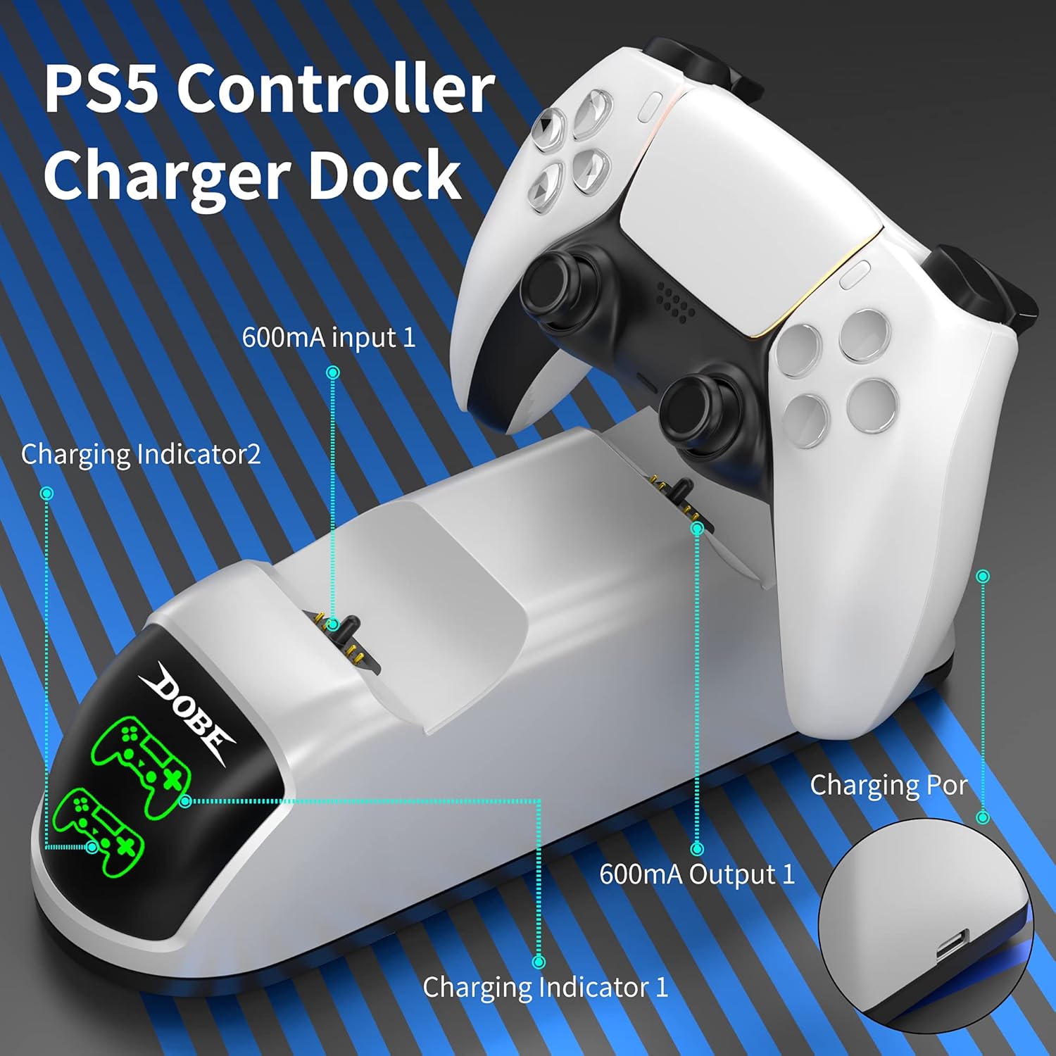 PS5 Controller Charger – Dual USB Fast Charging Dock for DualSense with LED Indicator & USB-C Cable