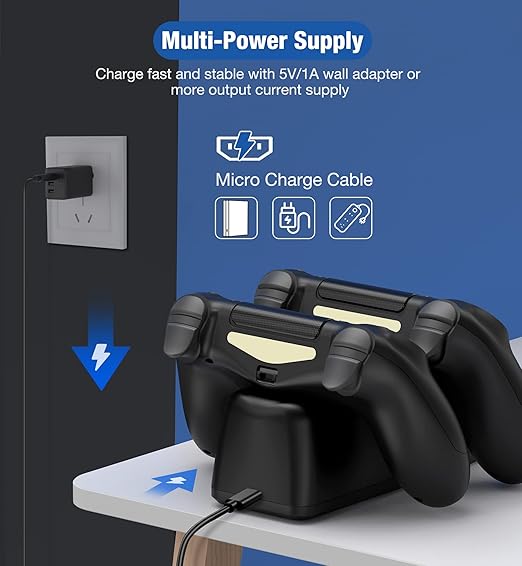 Dual Charging Dock for PS4 Controllers – Fast Charger with LED Indicator , Black