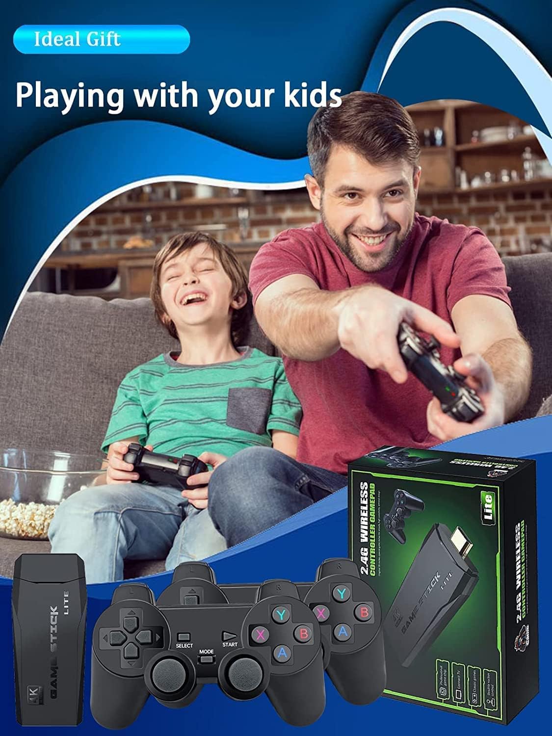 4K HD Retro Video Game Console with 64GB Game Stick, 2.4G Dual Wireless Controllers – Plug & Play, 10000+ Classic Games