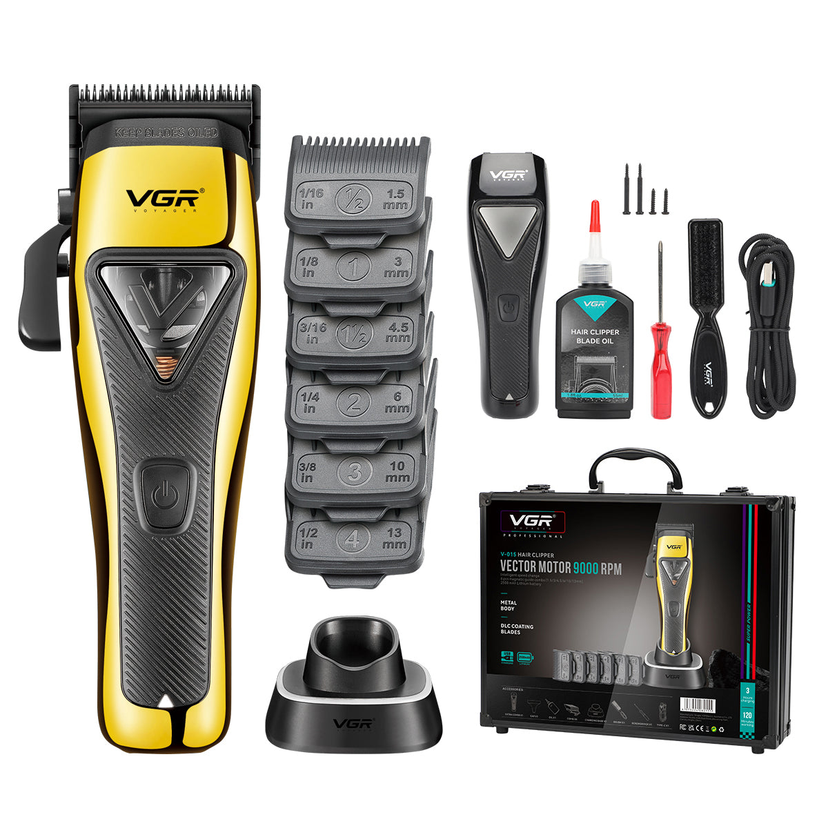 VGR V-015 Professional Hair Clipper – 9000 RPM Vector Motor, DLC Blade, USB-C