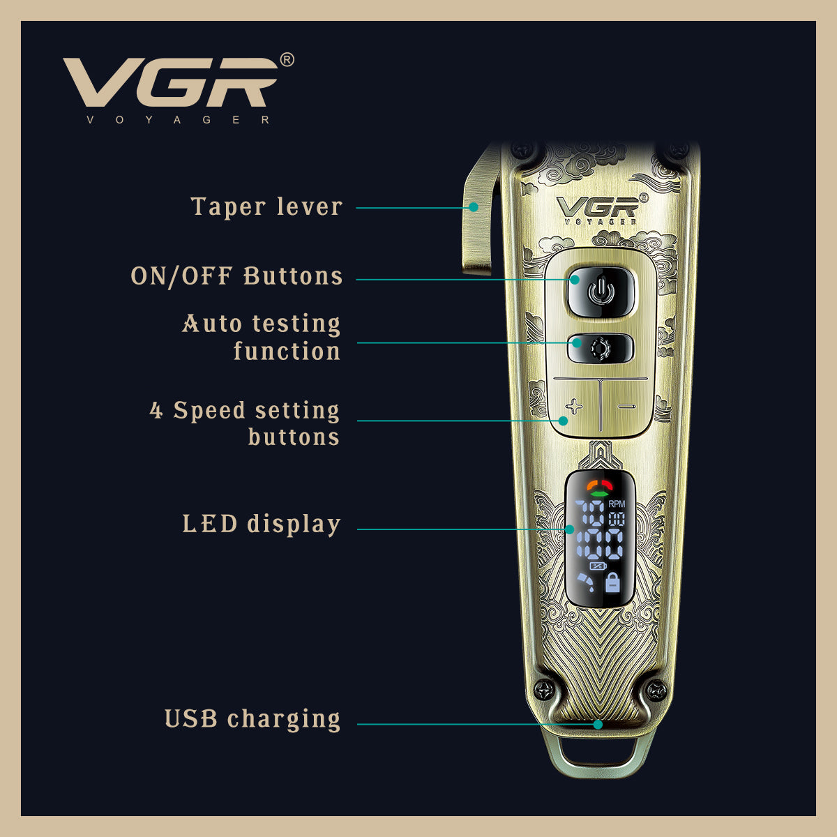 VGR V-005 Hair Clipper – Cordless/Corded Professional Metal Body Trimmer, LED Display