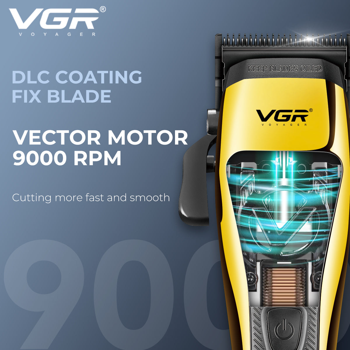 VGR V-015 Professional Hair Clipper – 9000 RPM Vector Motor, DLC Blade, USB-C