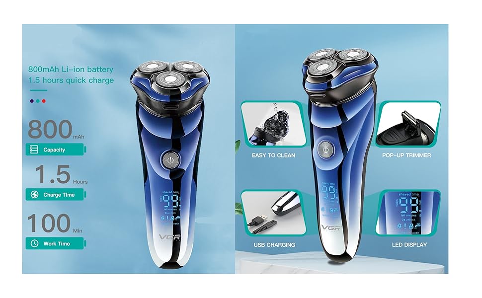 VGR V-305 Electric Shaver for Men – Waterproof Rotary Razor with LED Display & Pop-Up Trimmer