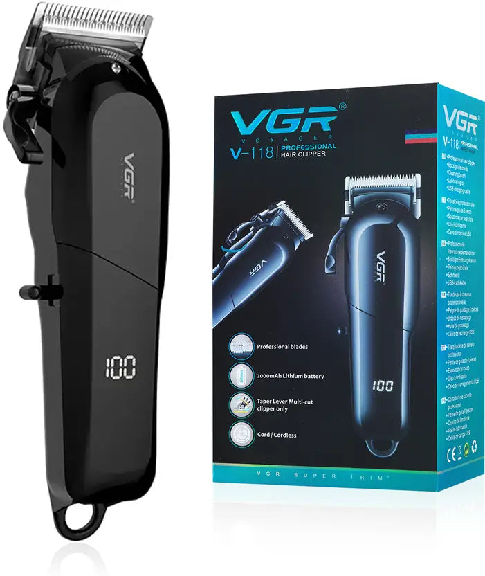 VGR V-118 Professional Hair Clipper – Cordless & Corded Rechargeable Trimmer with LED Display, Long Battery, Stainless Steel Blades