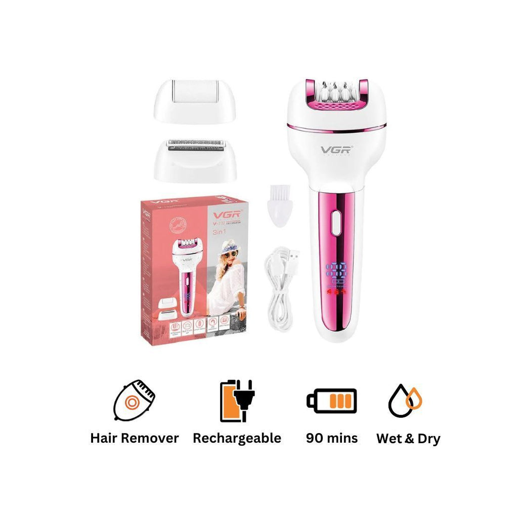 VGR V-732 3-in-1 Multi-Functional Rechargeable Ladies Epilator – Shaver, Trimmer & Callus Remover