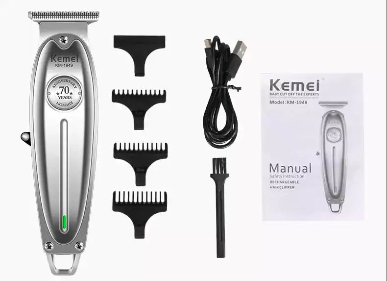 Kemei KM-1949 Electric Hair Trimmer – Rechargeable, Stainless Steel Blades, USB Charging, Silver