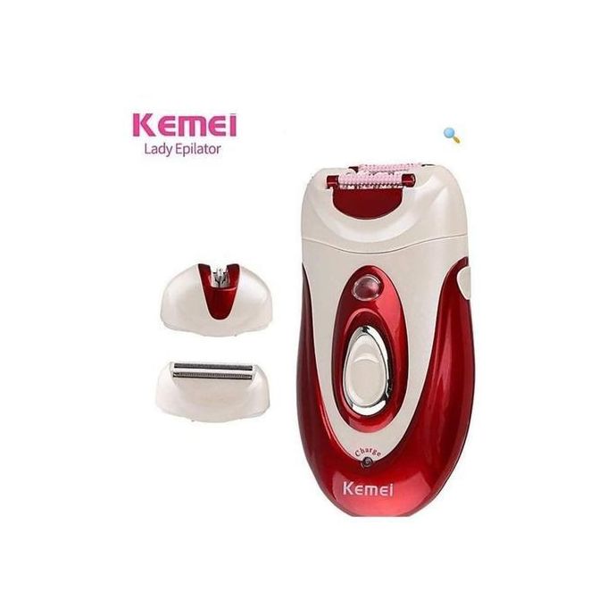 Kemei KM-1888 Lady Electric & Battery Epilator – 3 Speed Settings, 3 Heads, Red