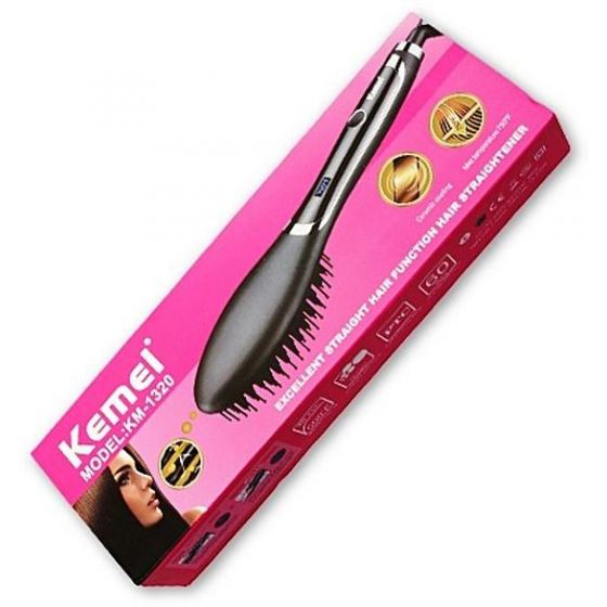 Kemei KM-1320 Electric Hair Straightening Brush – Ceramic Brush with LCD Display, Auto Shut-Off, 230°C Max Temp – Black