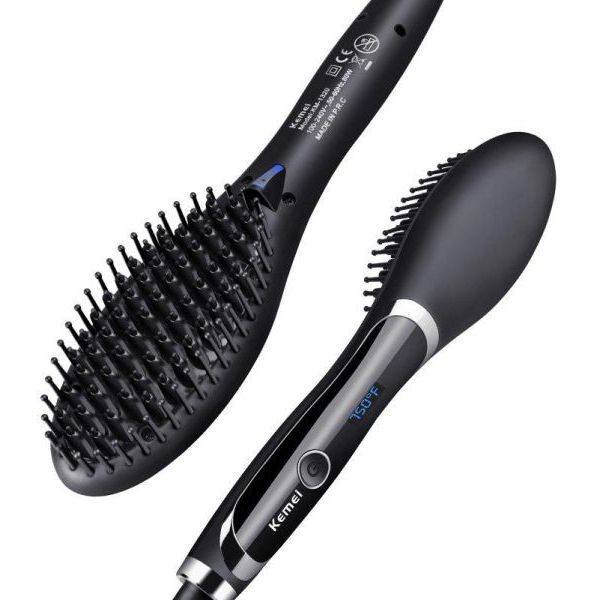 Kemei KM-1320 Electric Hair Straightening Brush – Ceramic Brush with LCD Display, Auto Shut-Off, 230°C Max Temp – Black