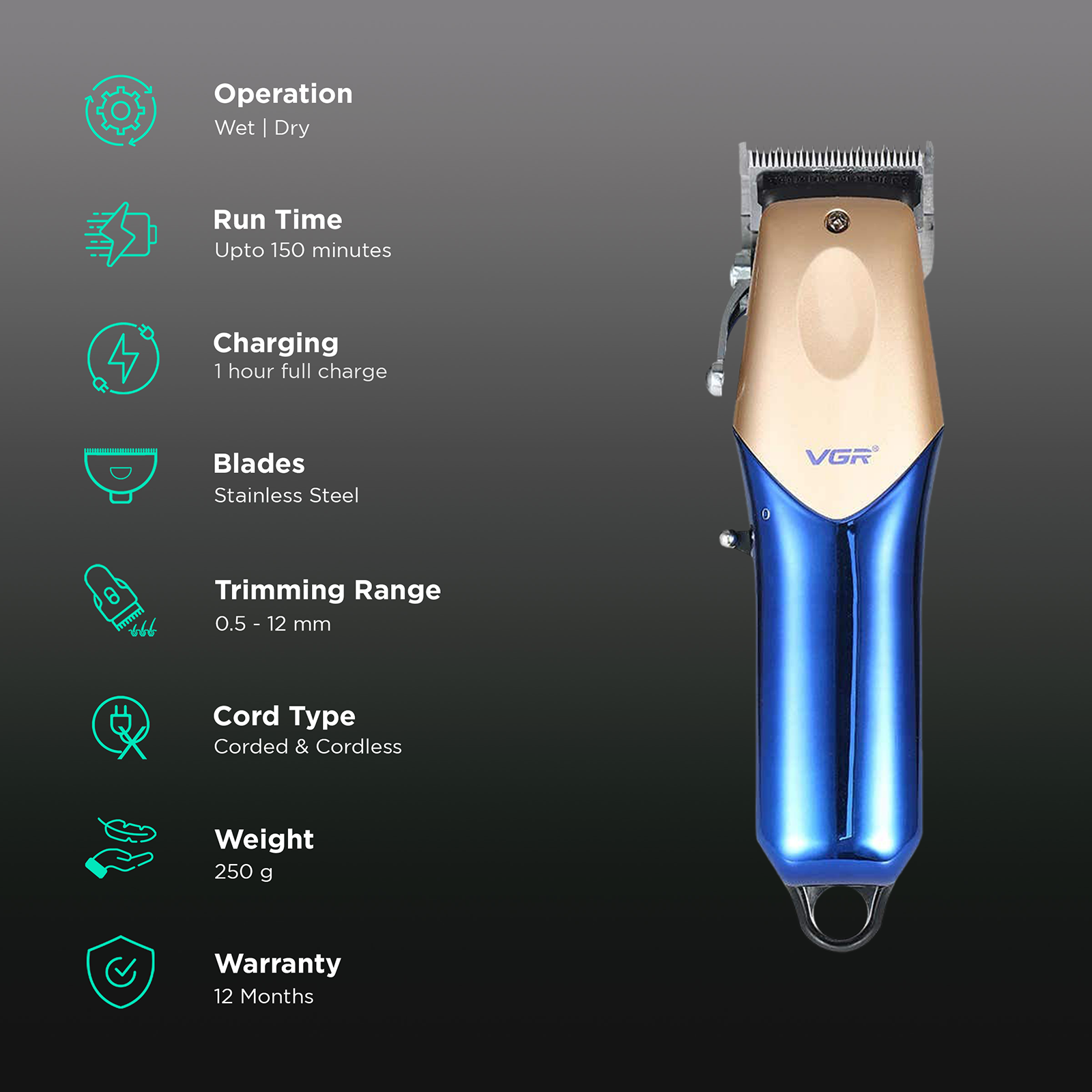 VGR  V-162 Hair Beard Trimmer Rechargeable Electric Clipper For Men Gold/Blue