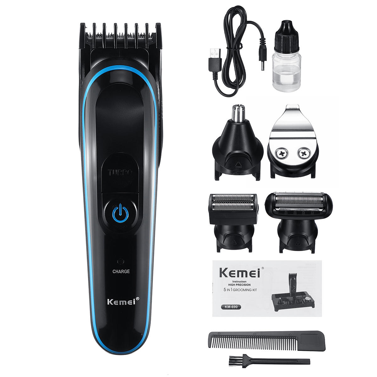 Kemei KM-690 5-in-1 Professional Hair Clipper for Men – Adjustable Combs, Sharp Angle Blades