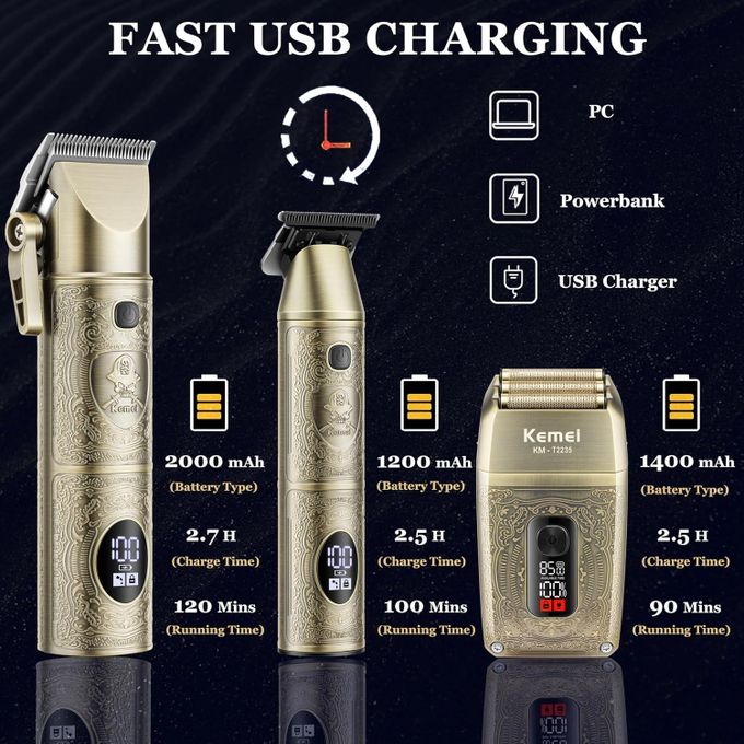 Kemei KM-T2235 Professional Hair Clipper – Rechargeable Electric Trimmer with LCD Display, IPX5 Waterproof, 2000mAh Battery
