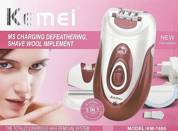 Kemei KM-1888 Lady Electric & Battery Epilator – 3 Speed Settings, 3 Heads, Red