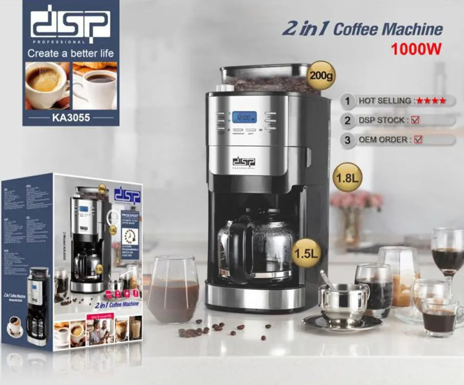 DSP 2-in-1 Coffee Machine KA3055 – Built-In Grinder & Drip Brewer
