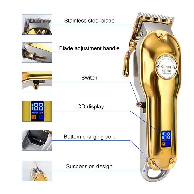 Kemei KM-1986 Hair Clipper with LCD Display – Cordless, USB Charging, Unisex