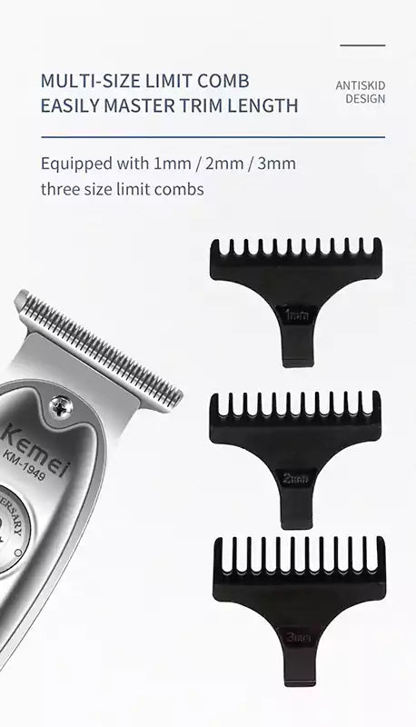 Kemei KM-1949 Electric Hair Trimmer – Rechargeable, Stainless Steel Blades, USB Charging, Silver