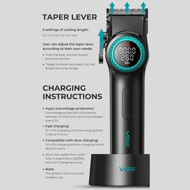 VGR V-001 Professional Cordless Hair Clipper – USB Powered, Ceramic Blades, Long Runtime Grooming Tool