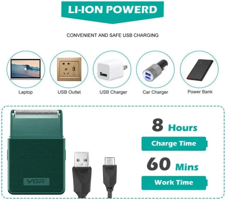 VGR-V-376 Foil Shaver For Men - Precision, USB Rechargeable, Pop-up Trimmer Green