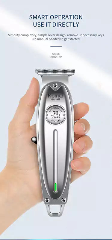 Kemei KM-1949 Electric Hair Trimmer – Rechargeable, Stainless Steel Blades, USB Charging, Silver