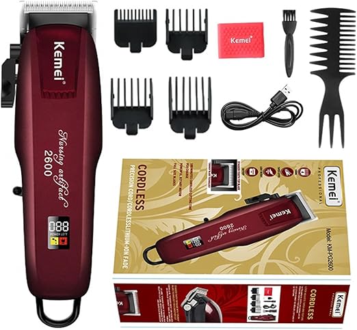 Kemei KM-PG2600 Professional Cordless Hair Clipper – Stagger-Tooth Blade, Fade Lever, Lightweight, 4 Combs, Corded & Cordless Use