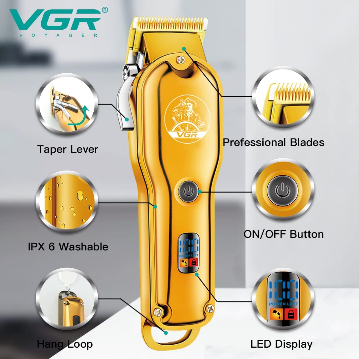 VGR V-650 Professional Hair Clipper with LED Display, Stainless Steel Blades (Gold)