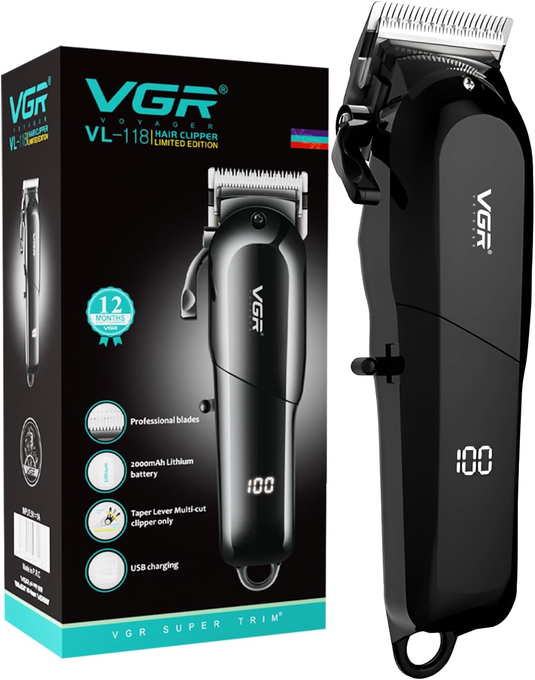 VGR V-118 Professional Hair Clipper – Cordless & Corded Rechargeable Trimmer with LED Display, Long Battery, Stainless Steel Blades