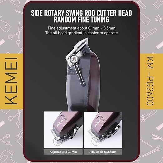 Kemei KM-PG2600 Professional Cordless Hair Clipper – Stagger-Tooth Blade, Fade Lever, Lightweight, 4 Combs, Corded & Cordless Use