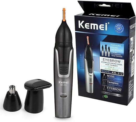 Kemei KM-312 Rechargeable 3-in-1 Nose, Ear, Eyebrow & Sideburn Trimmer – Stainless Steel Blades