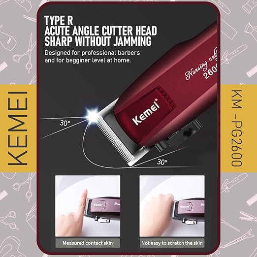 Kemei KM-PG2600 Professional Cordless Hair Clipper – Stagger-Tooth Blade, Fade Lever, Lightweight, 4 Combs, Corded & Cordless Use