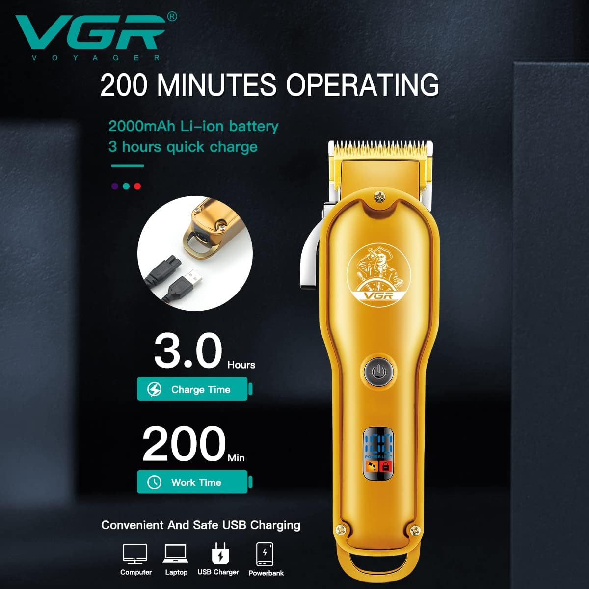 VGR V-650 Professional Hair Clipper with LED Display, Stainless Steel Blades (Gold)