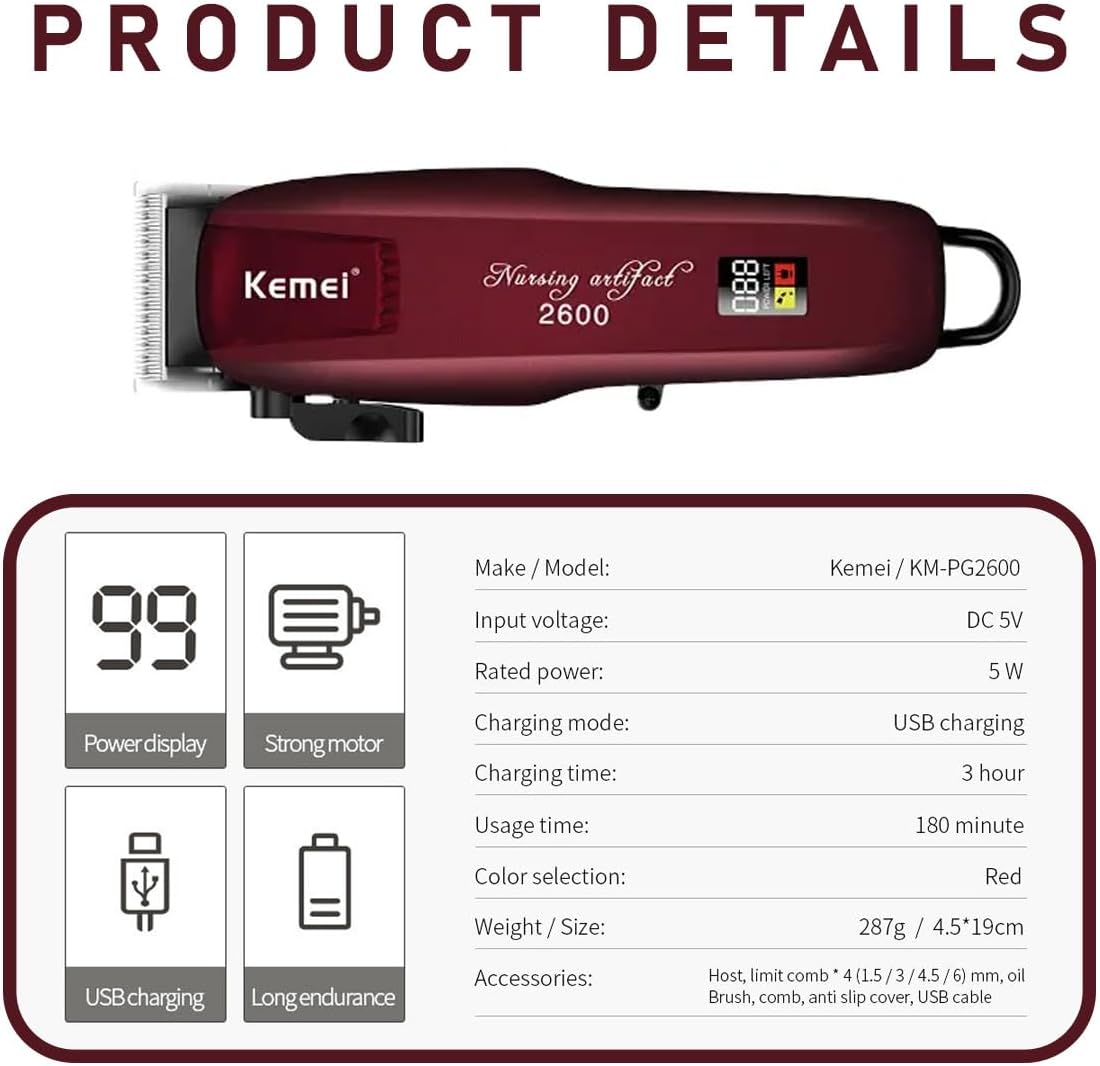 Kemei KM-PG2600 Professional Cordless Hair Clipper – Stagger-Tooth Blade, Fade Lever, Lightweight, 4 Combs, Corded & Cordless Use