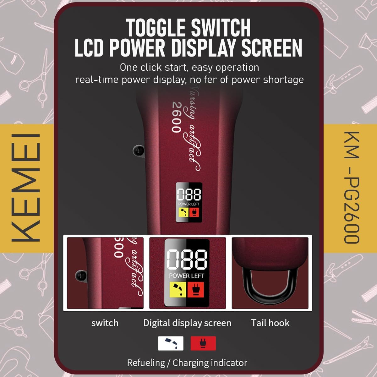 Kemei KM-PG2600 Professional Cordless Hair Clipper – Stagger-Tooth Blade, Fade Lever, Lightweight, 4 Combs, Corded & Cordless Use