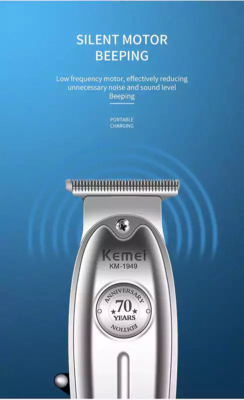 Kemei KM-1949 Electric Hair Trimmer – Rechargeable, Stainless Steel Blades, USB Charging, Silver