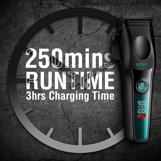 VGR V-195 Professional Hair Clipper for Men – 9000 RPM BLDC Motor, 2500mAh Battery, LED Display, 8 Metal Guide Combs