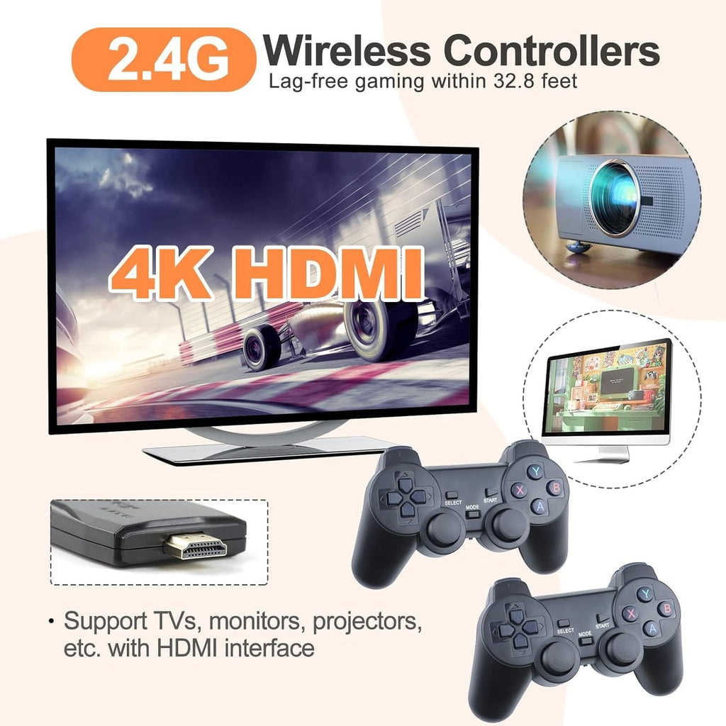 4K HD Retro Video Game Console with 64GB Game Stick, 2.4G Dual Wireless Controllers – Plug & Play, 10000+ Classic Games