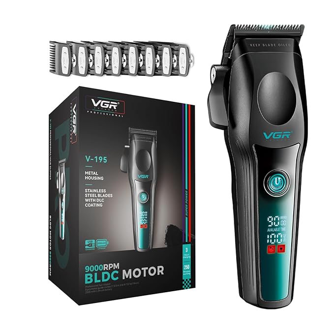VGR V-195 Professional Hair Clipper for Men – 9000 RPM BLDC Motor, 2500mAh Battery, LED Display, 8 Metal Guide Combs