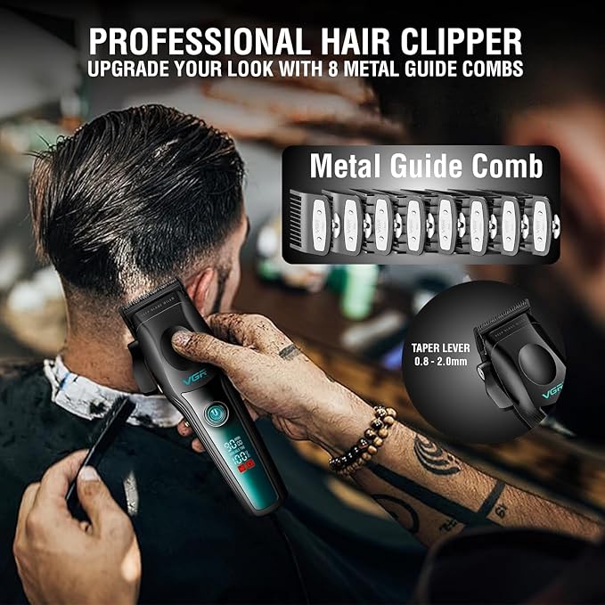 VGR V-195 Professional Hair Clipper for Men – 9000 RPM BLDC Motor, 2500mAh Battery, LED Display, 8 Metal Guide Combs