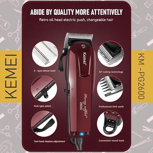 Kemei KM-PG2600 Professional Cordless Hair Clipper – Stagger-Tooth Blade, Fade Lever, Lightweight, 4 Combs, Corded & Cordless Use