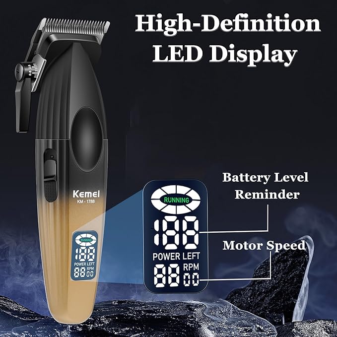 Kemei KM-1788 Professional Cordless Hair Clipper – 9000 RPM, LED Display, 2500mAh Battery, Carbon Steel Blade