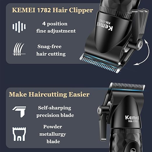 KEMEI KM-1782 Professional Cordless Hair Clipper – 2600mAh Battery, 9000 RPM Motor, LED Display, 6 Guide Combs  Product Praise:  Built for performance and comfort,
