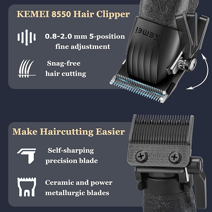 Kemei 8550 Cordless Hair Clipper for Men – LED Display, 9000 RPM Motor, Ceramic Blades, Beard & Hair Trimmer