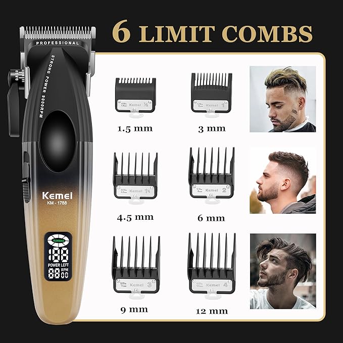 Kemei KM-1788 Professional Cordless Hair Clipper – 9000 RPM, LED Display, 2500mAh Battery, Carbon Steel Blade