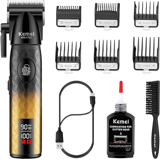 KEMEI KM-1782 Professional Cordless Hair Clipper – 2600mAh Battery, 9000 RPM Motor, LED Display, 6 Guide Combs  Product Praise:  Built for performance and comfort,