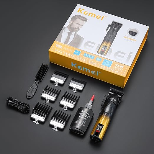 KEMEI KM-1782 Professional Cordless Hair Clipper – 2600mAh Battery, 9000 RPM Motor, LED Display, 6 Guide Combs  Product Praise:  Built for performance and comfort,