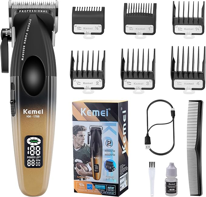 Kemei KM-1788 Professional Cordless Hair Clipper – 9000 RPM, LED Display, 2500mAh Battery, Carbon Steel Blade